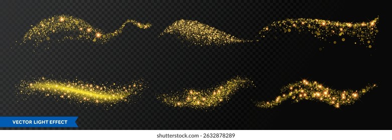 Vector gold dust sparkle trail of glitter particle. Abstract glow magic trail isolated on a transparent background