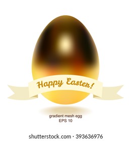Vector gold egg with banner and lettering Happy Easter. Created with gradient mesh. Isolated on white background. EPS 10.