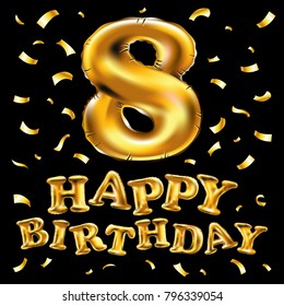 vector gold eight years anniversary celebration happy birthday balloon. 8th anniversary logo with confetti golden colored isolated on black background, vector design for greeting card and invitation