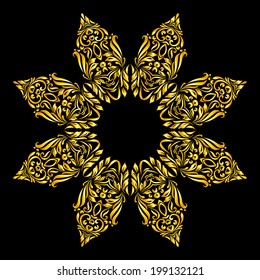 Vector gold element similar a flower  with 8 petals  on black background