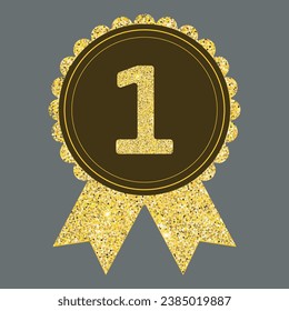 Vector gold emblem 1st place, badge 1st place with gold glitter ribbons, medal. Round icon 1st place, winner.