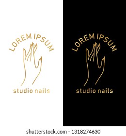 Vector Gold Emblem With A Female Hand In A Trendy Minimalist Linear Style. Logo For A Beauty Salon Or A Manicurist.  Template For Packaging Hand Cream Or Nail Polish, Nail, Soap, Beauty Store.