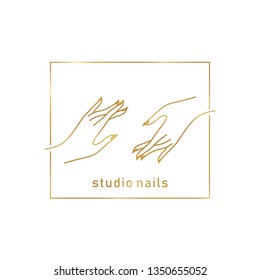 vector gold emblem with a female hand in a trendy minimalist linear style. logo for a beauty salon or a manicurist. template for packaging hand cream or nail Polish, nail, soap, beauty store.