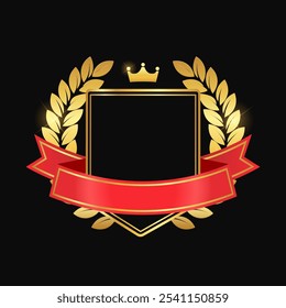 Emblema de oro de Vector con corona de laurel y cinta. Marco de premio de oro. Medalla del primer lugar. Icono del premio, emblema del ganador. Ilustración vectorial EPS 10