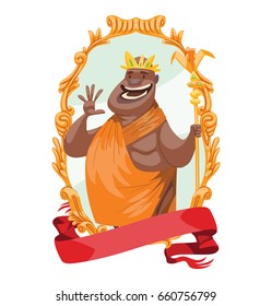 Vector gold emblem with red banner and with cartoon image of a funny fat bald black African king in an orange royal robe with a crown on head and with a gold staff in his hand on a white background.