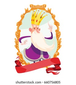Vector gold emblem with red banner and with cartoon image of a funny old little king with a gray hair and long beard in a purple royal robe with a big golden crown on his head on a white background.