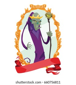 Vector gold emblem with red banner and with cartoon image of a funny thin evil necromancer king in a purple robe with a crown on head and with staff, with skull on the top, in hand on white background