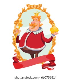 Vector gold emblem with red banner and with cartoon image of a funny fat king with red hair, mustache in a red royal robe with a crown on head and with scepter and power in hands on a white background