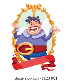 Vector gold emblem with red banner and with cartoon image of a funny fat king with a curly black hair and mustache in a purple robe and big red belt with a golden crown on head on a white background.