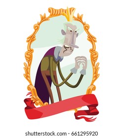 Vector gold emblem with red banner and with cartoon image of a funny very old thin king with a gray hair in a purple royal robe with a golden crown on his head standing hunched on a white background.