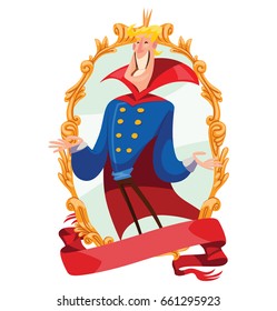 Vector gold emblem with red banner and with cartoon image of a funny young handsome king with a blond hair in a blue royal robe and a red cloak with a golden crown on his head on a white background.