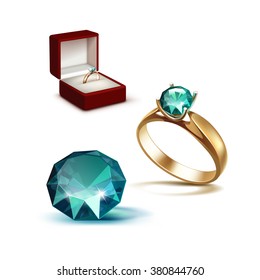 Vector Gold Engagement Ring with Emerald Shiny Clear Diamond in Red Jewelry box Close up Isolated on White Background