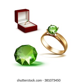 Vector Gold Engagement Ring with Green Shiny Clear Diamond in Red Jewelry box Close up Isolated on White Background