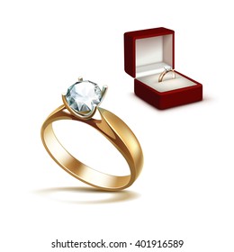 Vector Gold Engagement Ring with White Shiny Clear Diamond in Red Jewelry box Close up Isolated on White Background