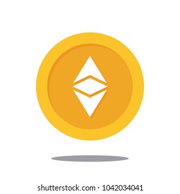 Vector gold ethereum coin in flat style with shadow.