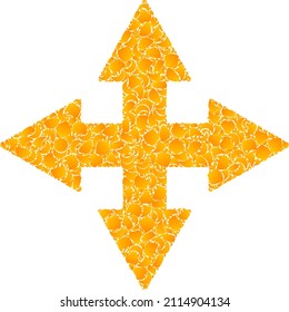 Vector gold expand arrows mosaic icon. Expand arrows is isolated on a white background. Gold particles mosaic based on expand arrows icon.