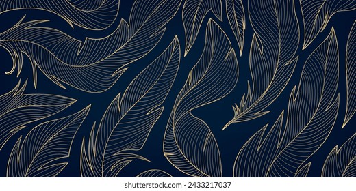 Vector gold feathers on black pattern, abstract luxury line design wallpaper. Art deco wedding texture, wing angel decoration