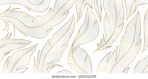 Vector gold feathers on white pattern, abstract luxury line design wallpaper. Art deco wedding texture, wing angel decoration