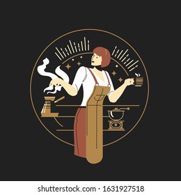 Vector Gold of female barista character with cups of coffee in coffee bar