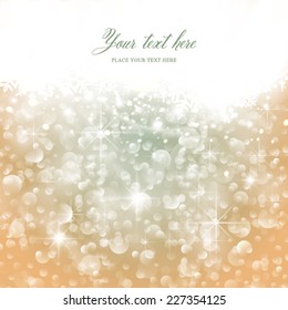 Vector gold festive Christmas background. Elegant abstract background with bokeh defocused lights and stars.