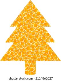 Icono de mosaico de árbol de abeto dorado vectorial. El árbol de flores está aislado en un fondo blanco. Mosaico de elementos de oro basado en el icono de árbol de abetos. La imagen icónica del árbol de abeto mosaico está diseñada a partir de elementos amarillos.