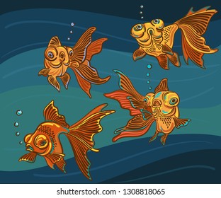 Vector gold fish. Goldfish in the sea, ocean, water