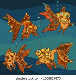 Vector gold fish. Graphic set of goldfish 