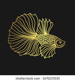 Vector gold fish on the black background. Outline fish. Exotic gold fish for clothes, fabrics, decor.