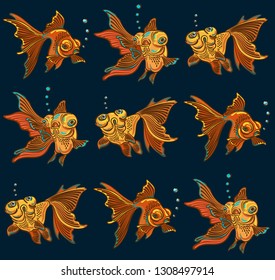 Vector gold fish. Set of dynamic fish