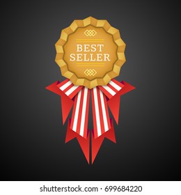 vector gold flat design medal with red white ribbons label decoration with shadows volumetric banner design isolated on black background 