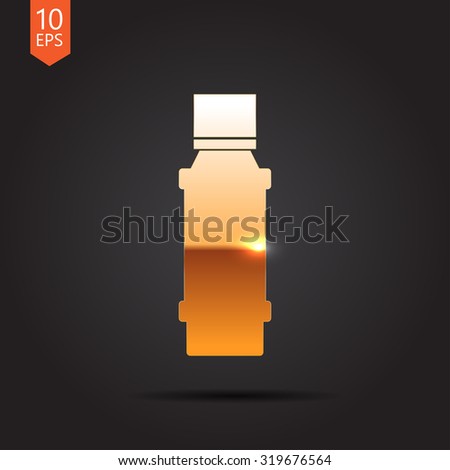 Vector gold flavoring bottle on dark background . Kitchen icon 