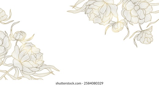 Vector gold floral background, flower line Chinese rose pattern, luxury wedding design, bloom frame. Oriental peony foil on white card, oriental style