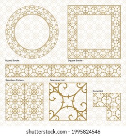 Vector, gold, floral, design elements drawn in a beautiful islamic style inspired by Tunisian architcture (Includes straight border, square frame, circular frame and a seamless pattern).