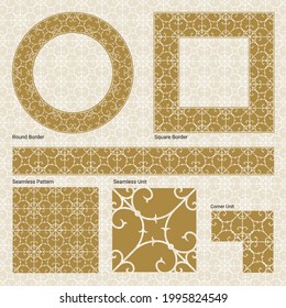 Vector, gold, floral, design elements drawn in a beautiful islamic style inspired by Tunisian architcture (Includes straight border, square frame, circular frame and a seamless pattern).