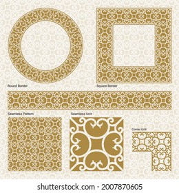 Vector, gold, floral, design elements drawn in a beautiful elegant style inspired by oriental architcture (Includes straight border, square frame, circular frame and a seamless pattern).