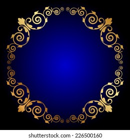 Vector gold floral frame on blue background