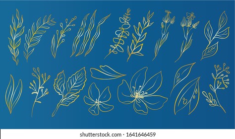 Vector gold floral illustration set. DIY flower elements collection - perfect for flower bouquets, wreaths, arrangements, wedding invitations, anniversary, birthday, postcards, greetings, logo.