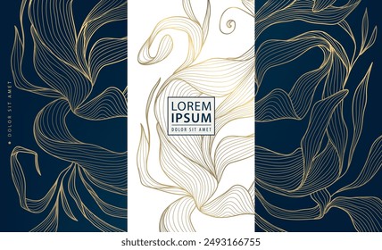 Vector gold floral labels, wine flower design, swirls, leaves ornament. Luxury, royal box package, jewelry template, perfume. product decoration. Art deco nature banners