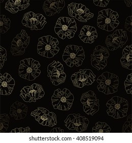 vector gold floral pattern with poppies on black background
