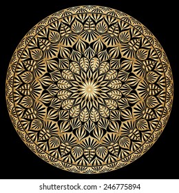 Vector gold floral round ornament for print, embroidery on black background.