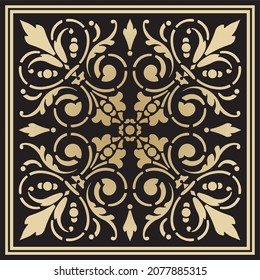 Vector gold floral square ornament. Patterns of the peoples of Europe. Greek and Roman stencil.
