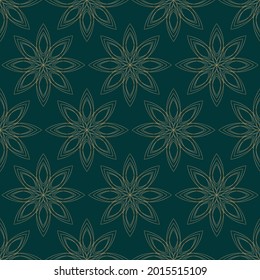 Vector gold flower stars dark green repeat pattern