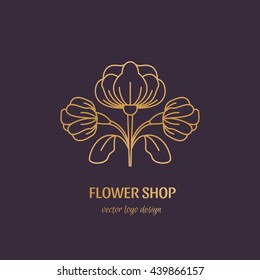 Vector gold flower symbol. Line style logotype for flower shop isolated on white background and easy to use. Perfect logo for your business. Clean and minimalistic symbols. 