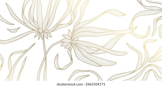 Vector gold flowers with long petals background, luxury line art floral design, nature wallpaper. Plant ornament, asian glitter backdrop. 
