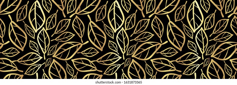 Vector gold foil and bronze leaves textured border. Seamless repeat on black background. Elegant design with modern hand drawn touch for packaging, invitations, stationery, web banner, trim, ribbon