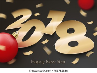 Vector gold foil paper number 2018 laying on black surface, with red balls, confetti, shadows, perspective and blur.