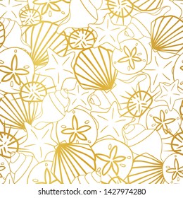 Vector gold foil seashells seamless pattern texture background. Perfect for wallpaper, scrapbooking, special event invitations or decor print.