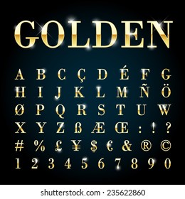 Vector gold font with additional currency, numbers and special symbols and signs.