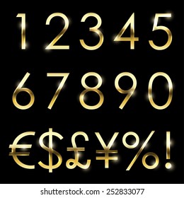 Vector gold font with additional currency, numbers and special symbols and signs.