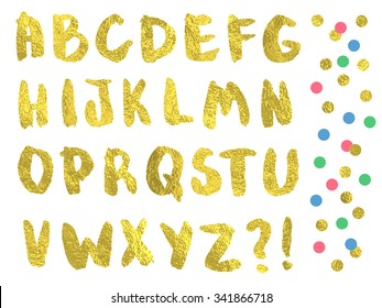 Vector gold font. Hand drawn brush script. Gold letters and confetti set.